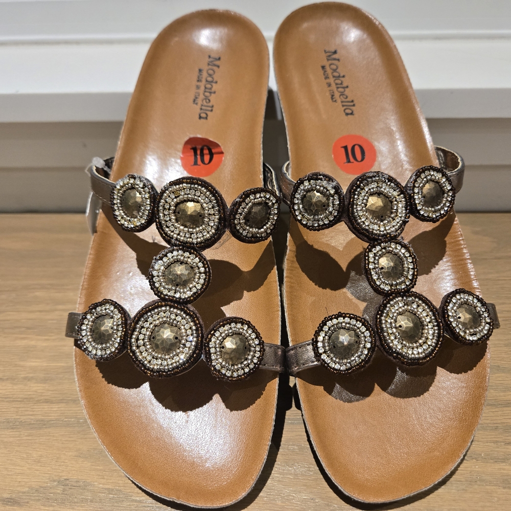 Tan and Gold Slide Sandals with Ornate Medallions
